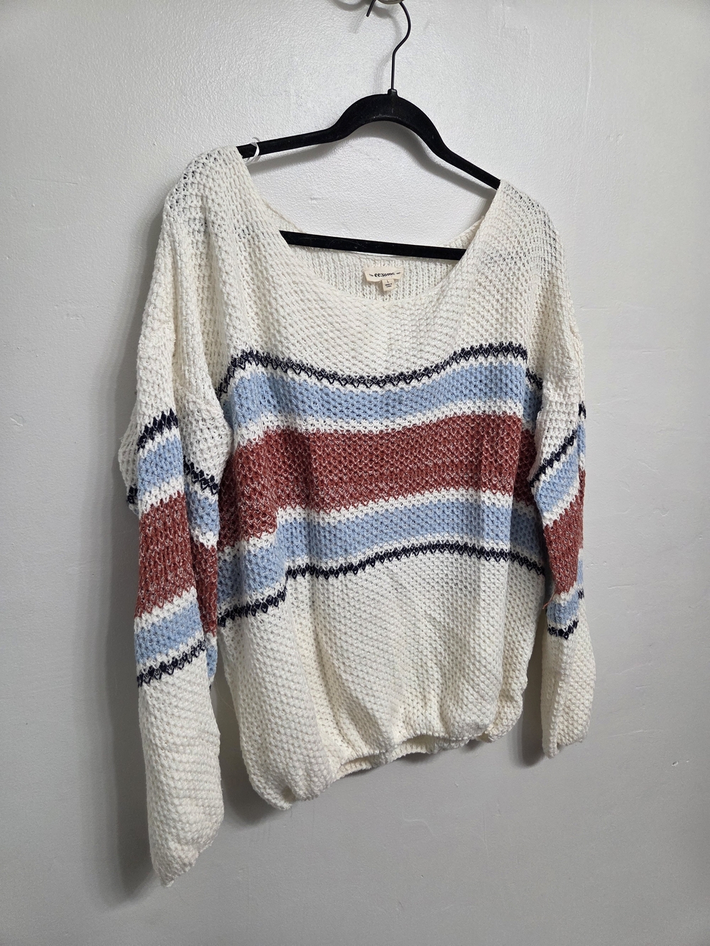 Striped Knit Pullover Sweater in Cream with Blue & Rust